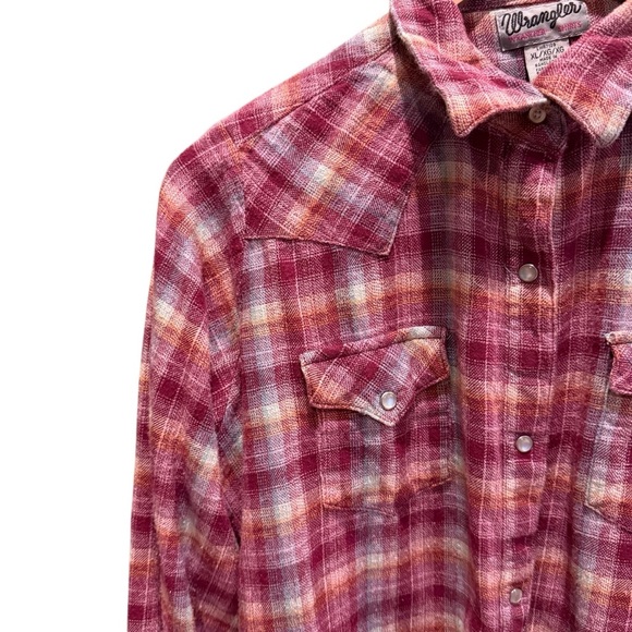 Wrangler Wrancher Shirt Pearl Snap Womens XL Maroon Plaid Long Sleeve Western - Picture 4 of 10